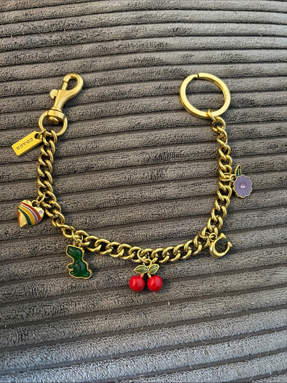 Coach Gold-Tone Enamel Charm Keychain with Red Cherry & Multicolor Accents